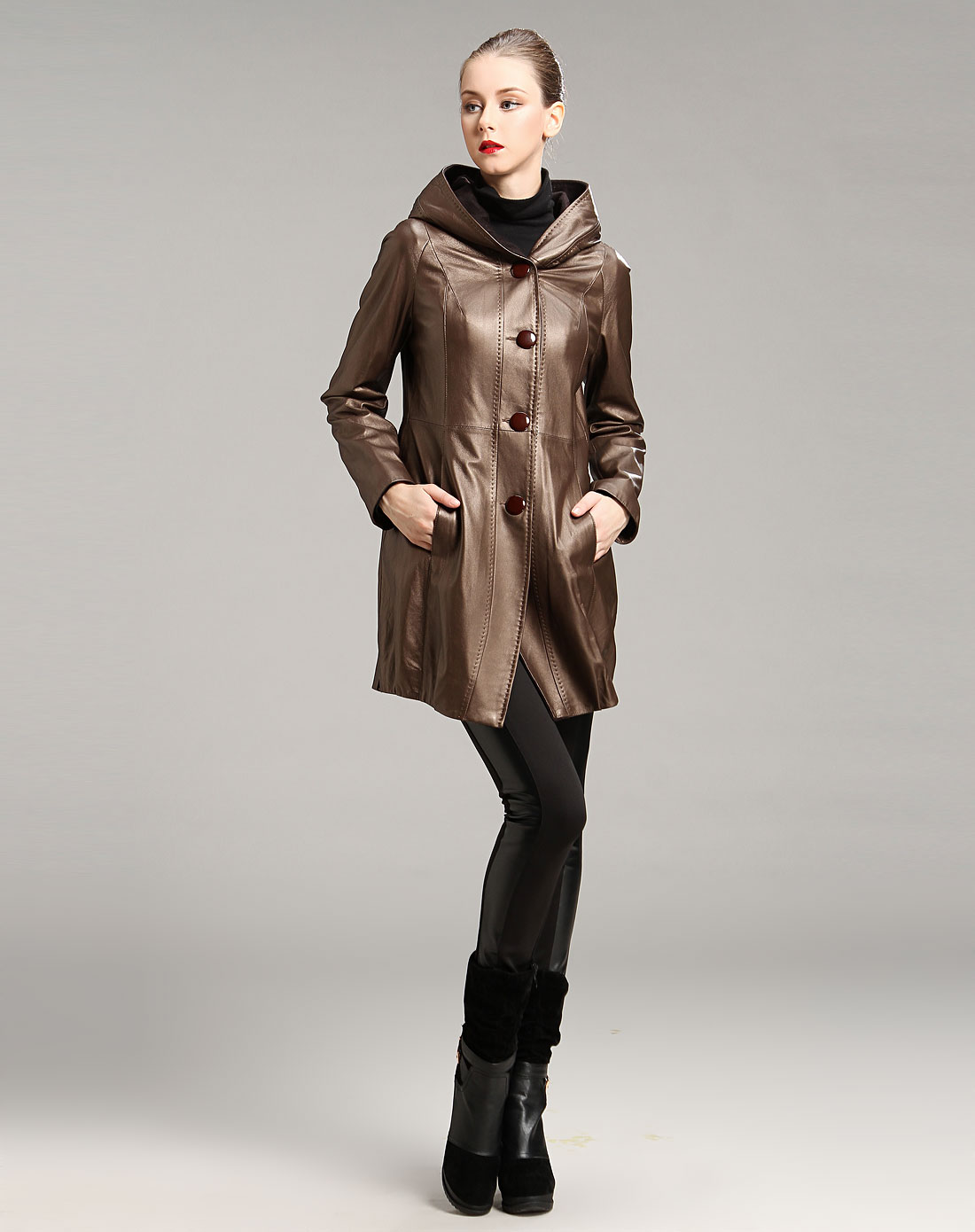 金咖色简约中长款长袖皮衣