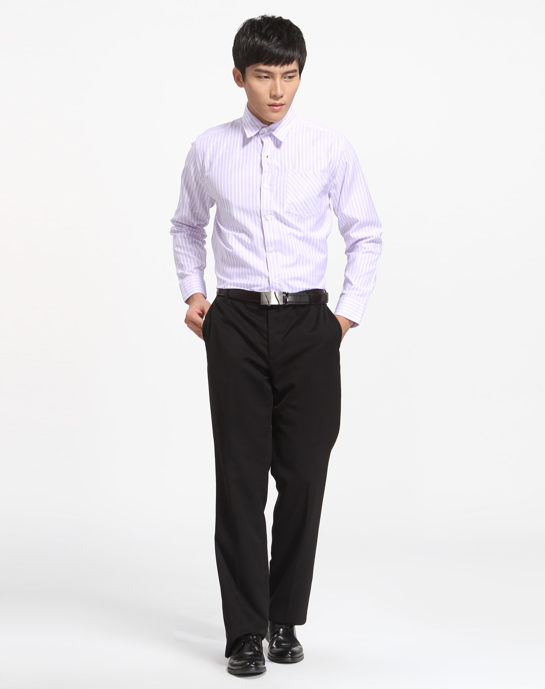 紫白色条纹长袖衬衫