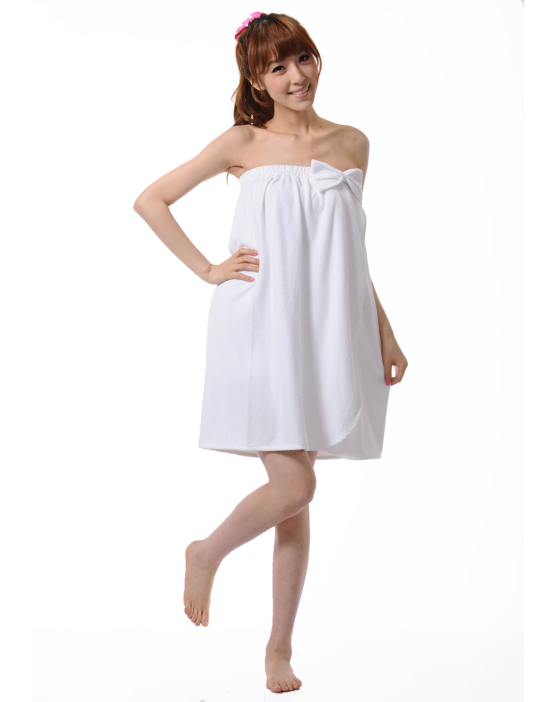 女士白色抹胸毛巾双扣调节短浴裙