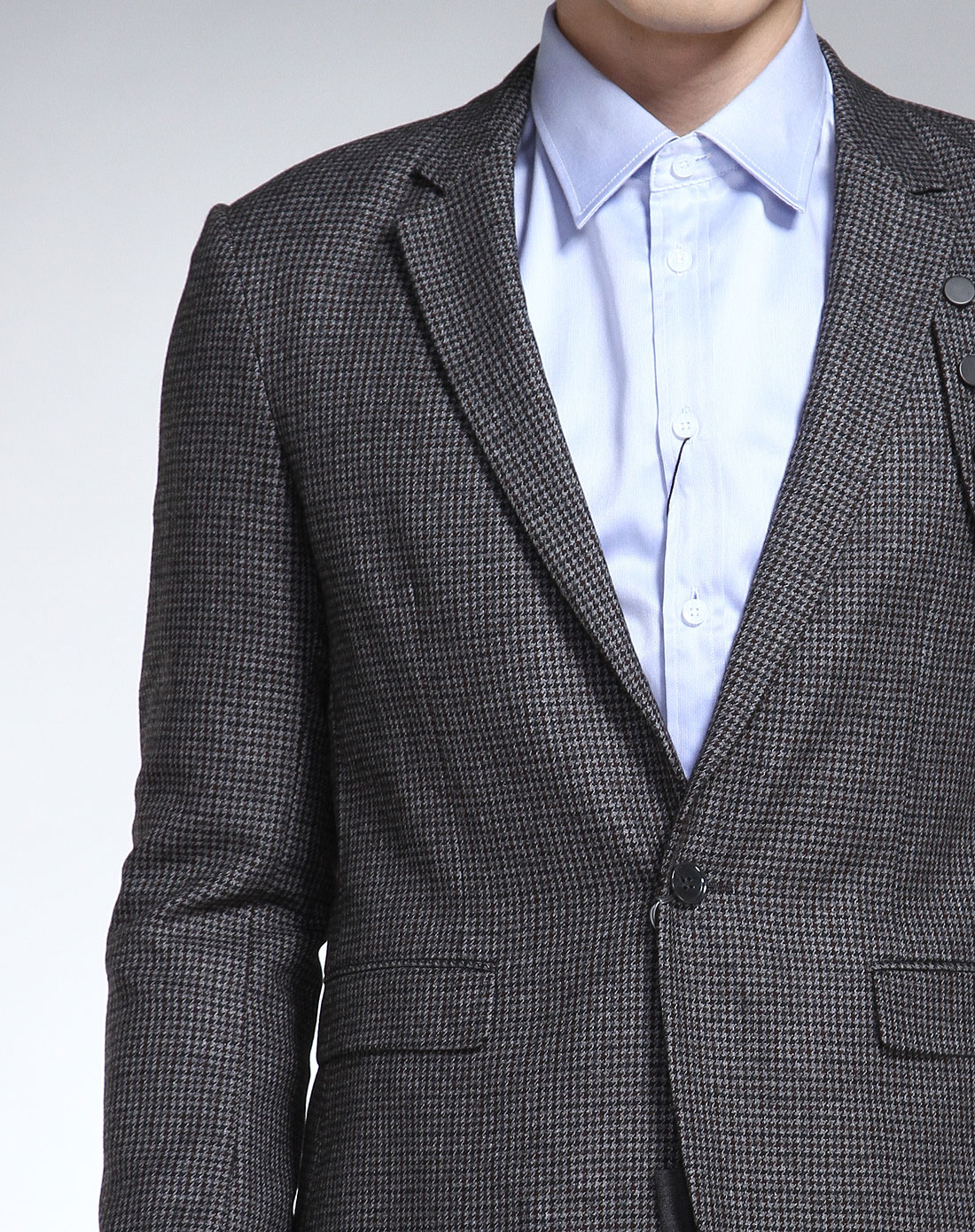 咖啡深灰色千鸟格个性纽扣长袖西服