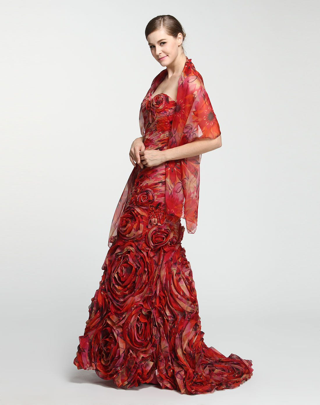 斐凡妮 / 红色飘逸印花抹胸连衣裙