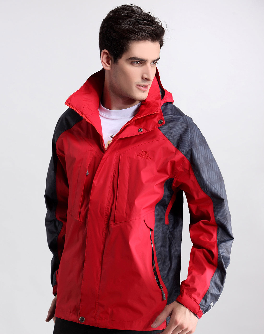 男款中国红色防水透气单件冲锋衣