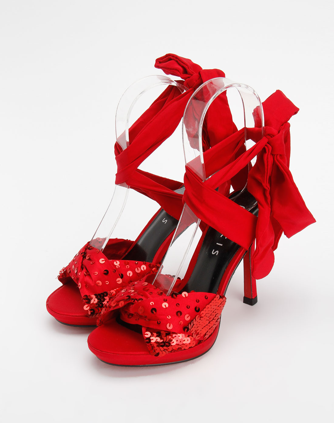 女款尖圆红色真丝布凉鞋