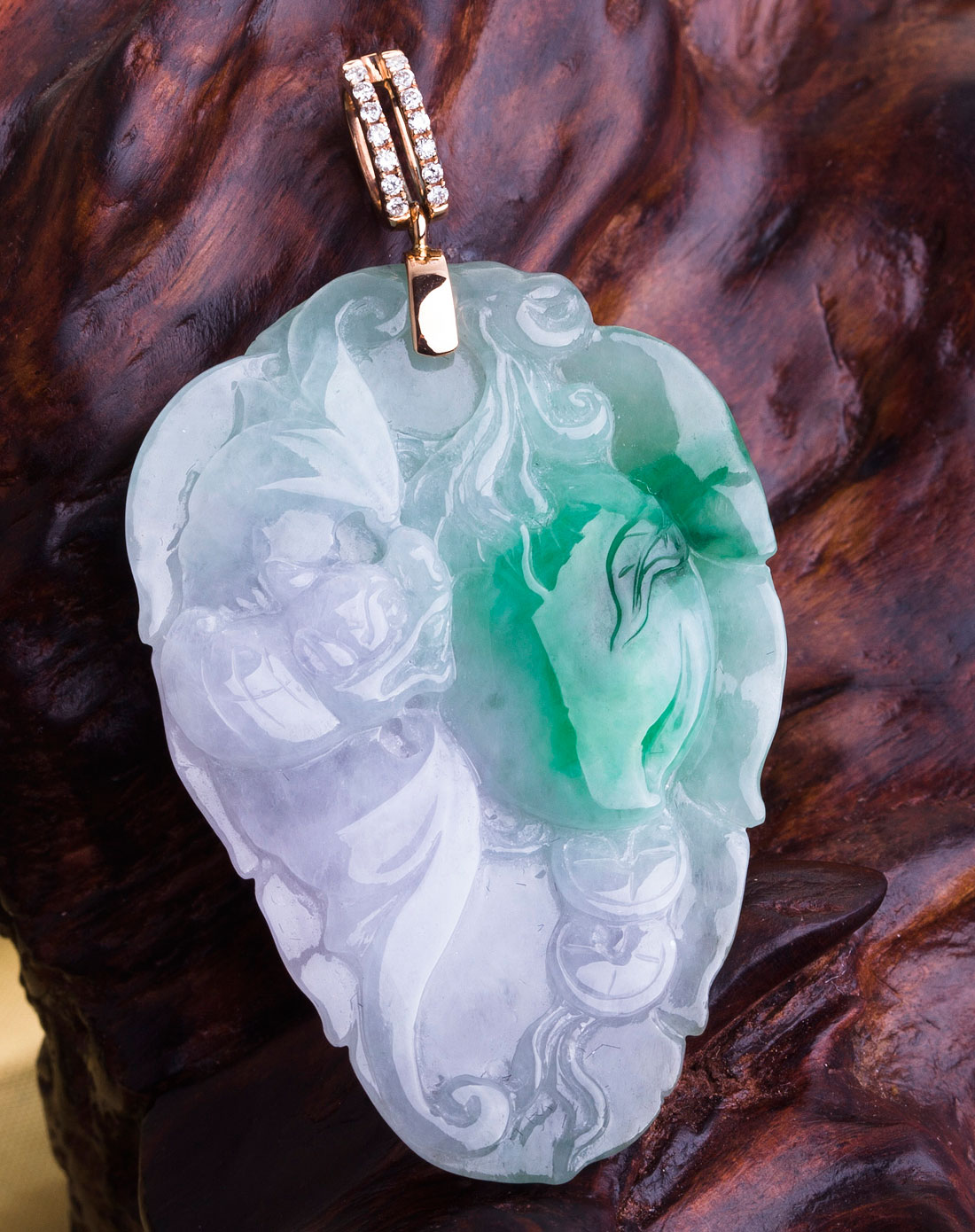 > 18k金钻石天然a货翡翠冰种福禄寿三色多子多福挂件(附国检证书赠925