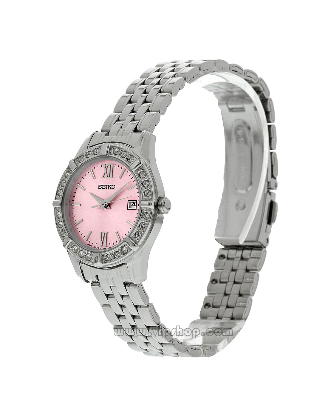 seiko 女款柔美刻度计时不锈钢表盘石英表粉红/银色
