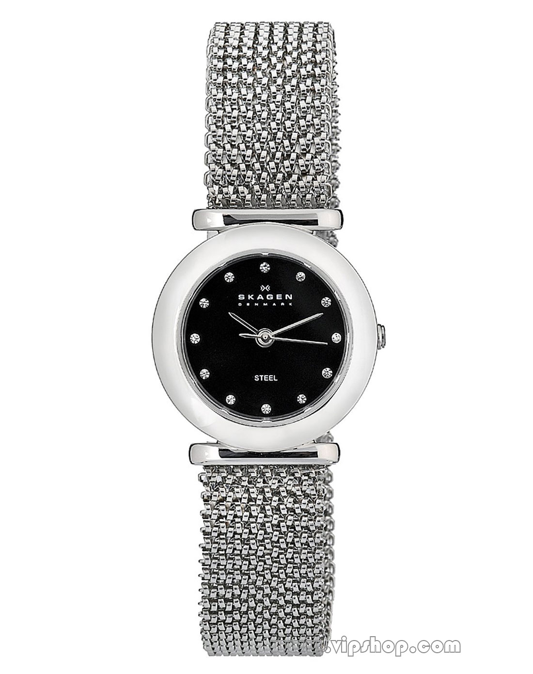skagen 女士珍藏款网纹钢带黑色石英表
