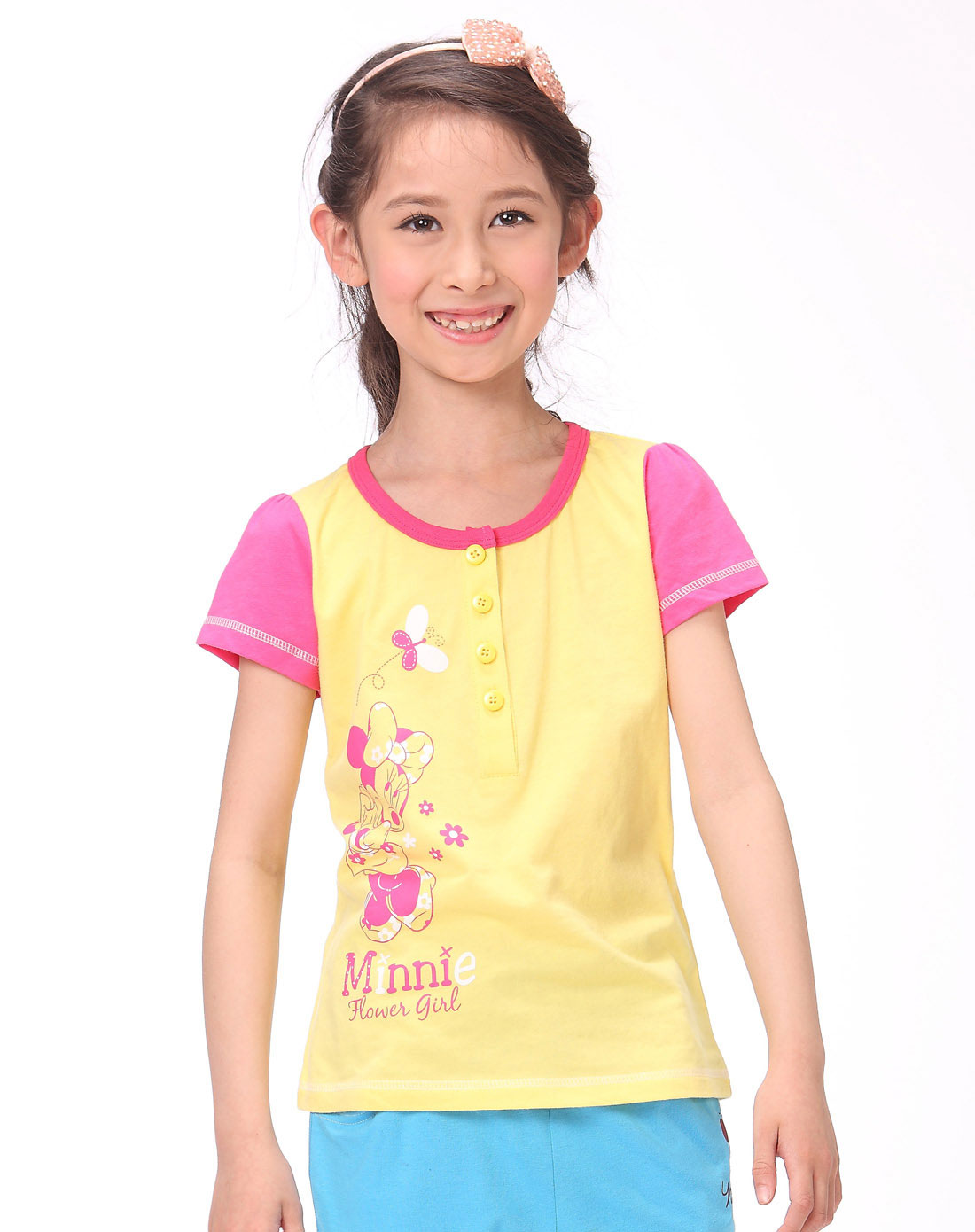 女童浅黄色米妮印图短袖t恤