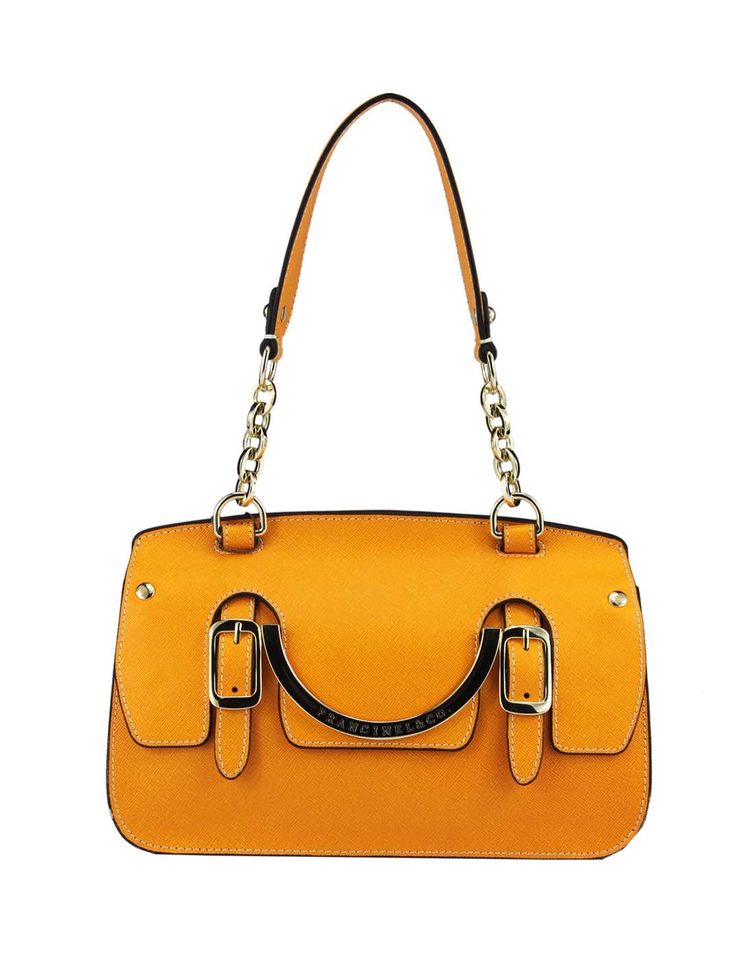 女款橙色压十字纹皮手袋