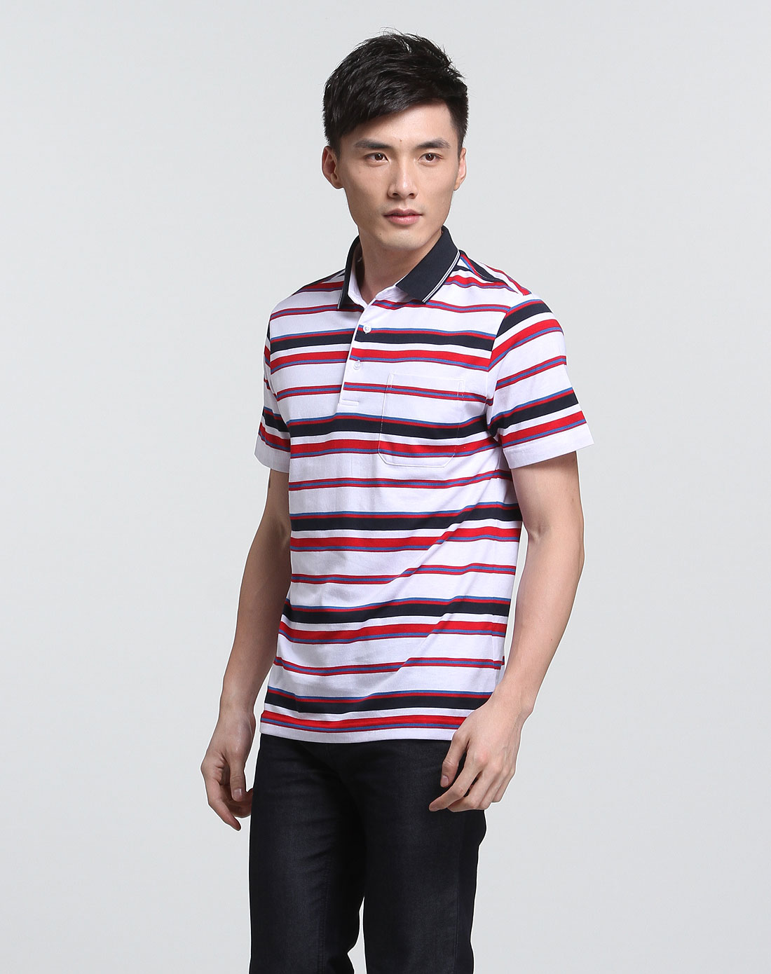 宾度j.benato白/红色翻领条纹短袖t恤04313061301_唯品会