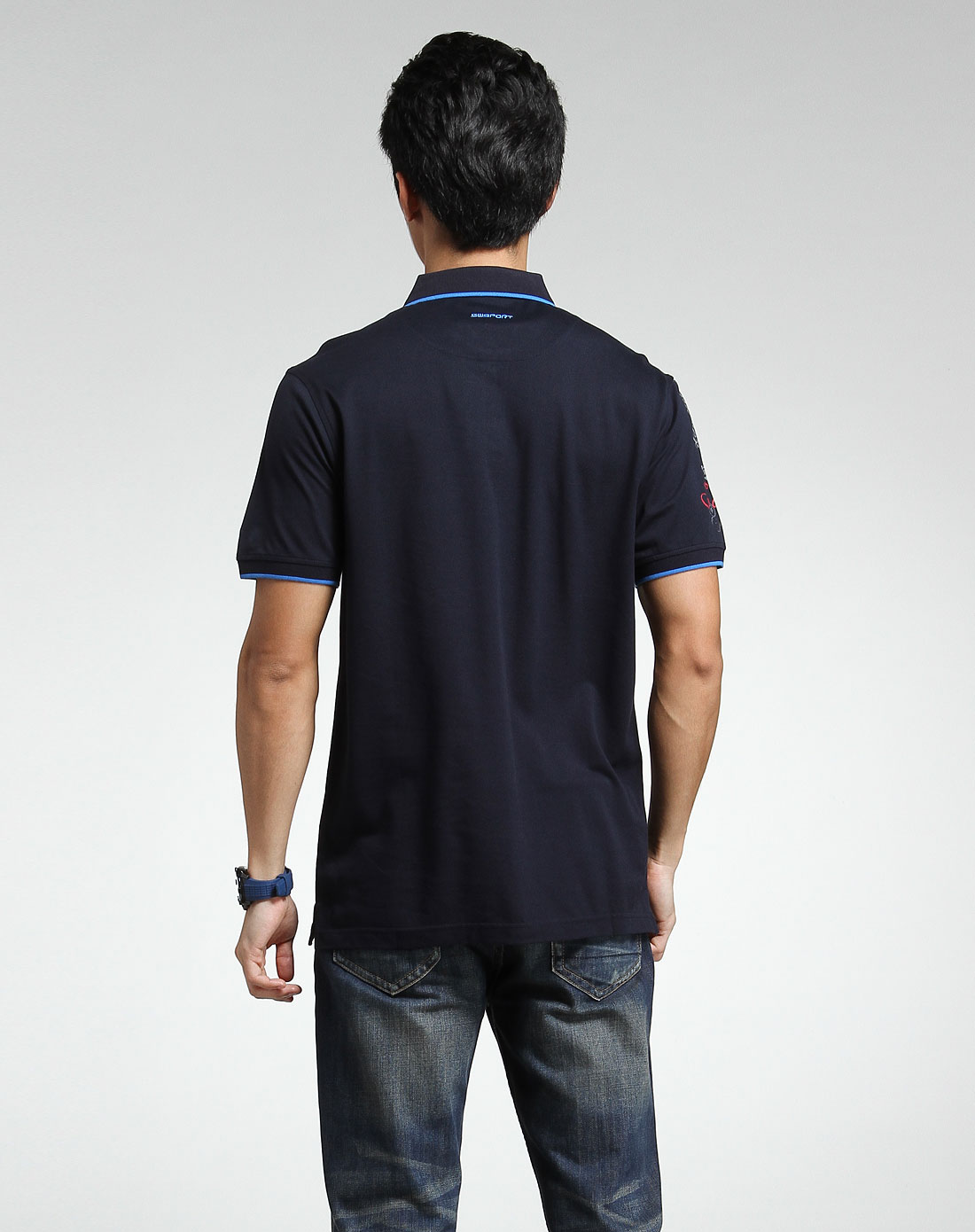 蓝黑色间纹商务休闲短袖polo衫