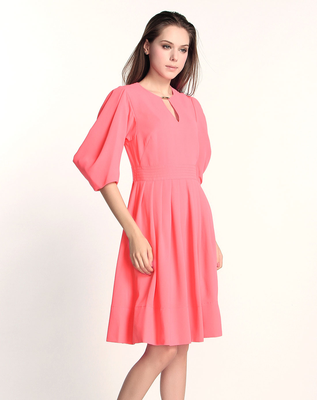 欧美大气荧光粉红色中袖连衣裙