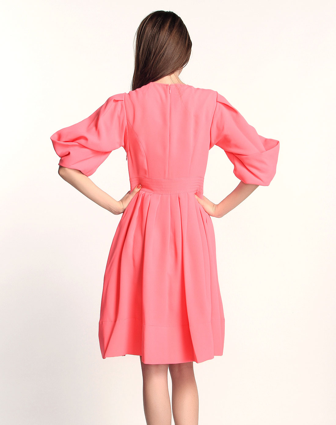 欧美大气荧光粉红色中袖连衣裙