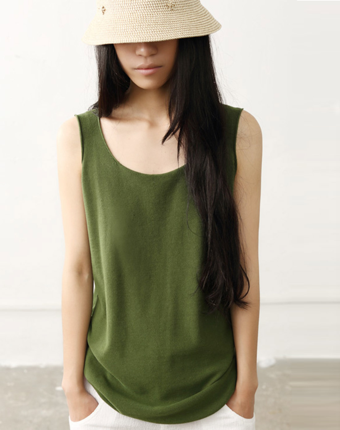 果绿中长款纯棉打底宽松无袖吊带背心