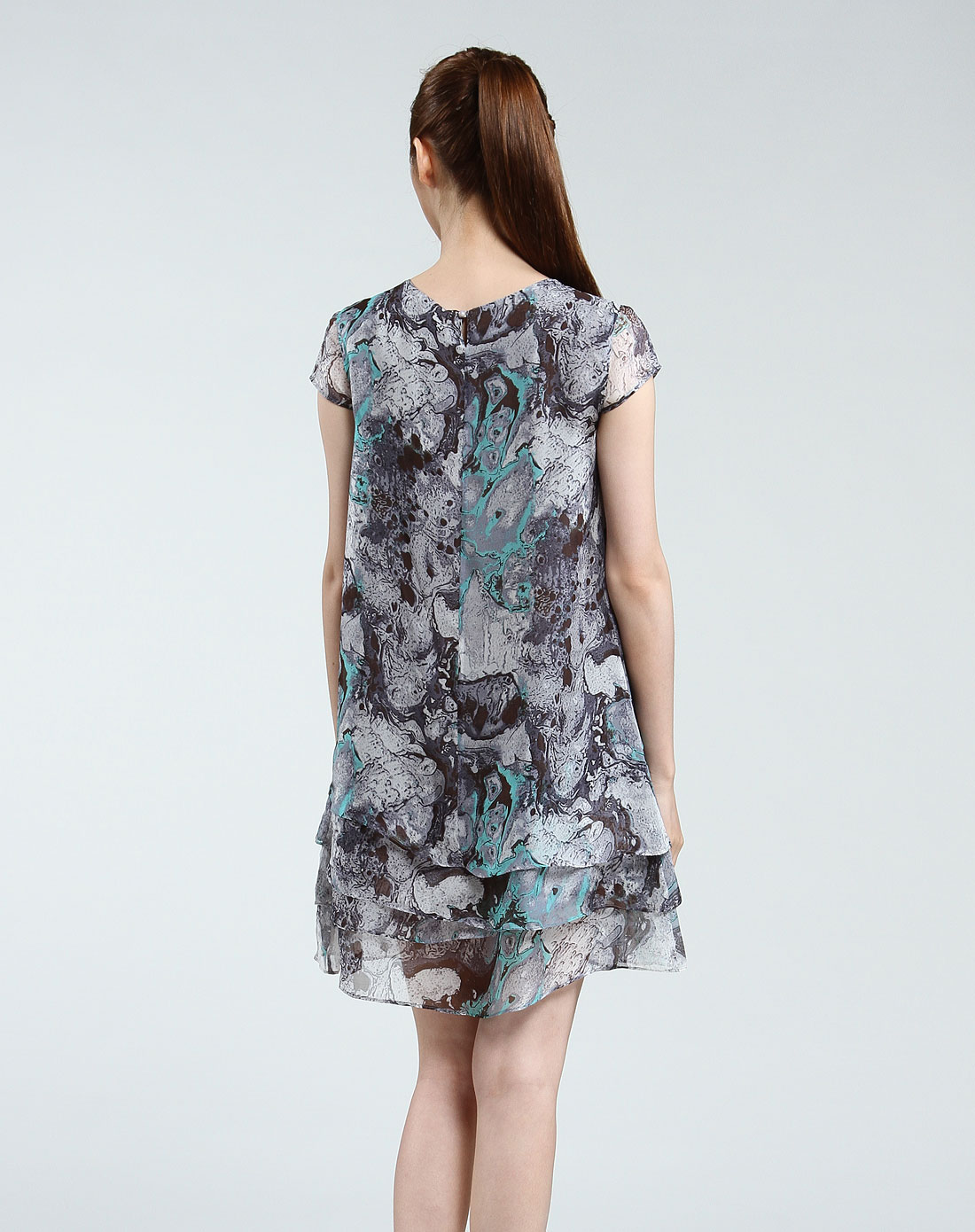 [ 菲姿 ] 印花时尚绿拼灰色短袖连衣裙