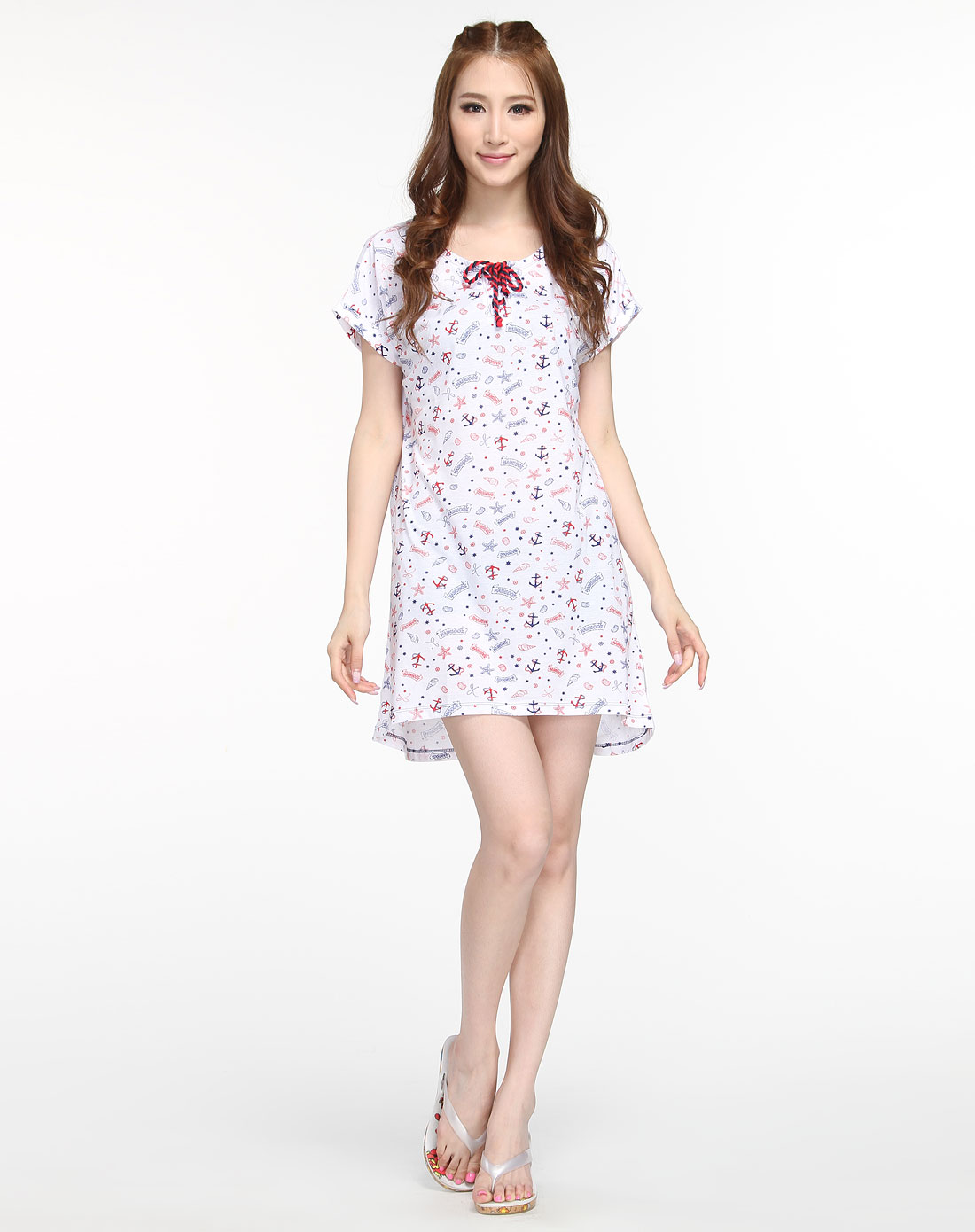 朗绪nainsook男女家居服女款白底红蓝色印花短袖连衣睡裙722770340