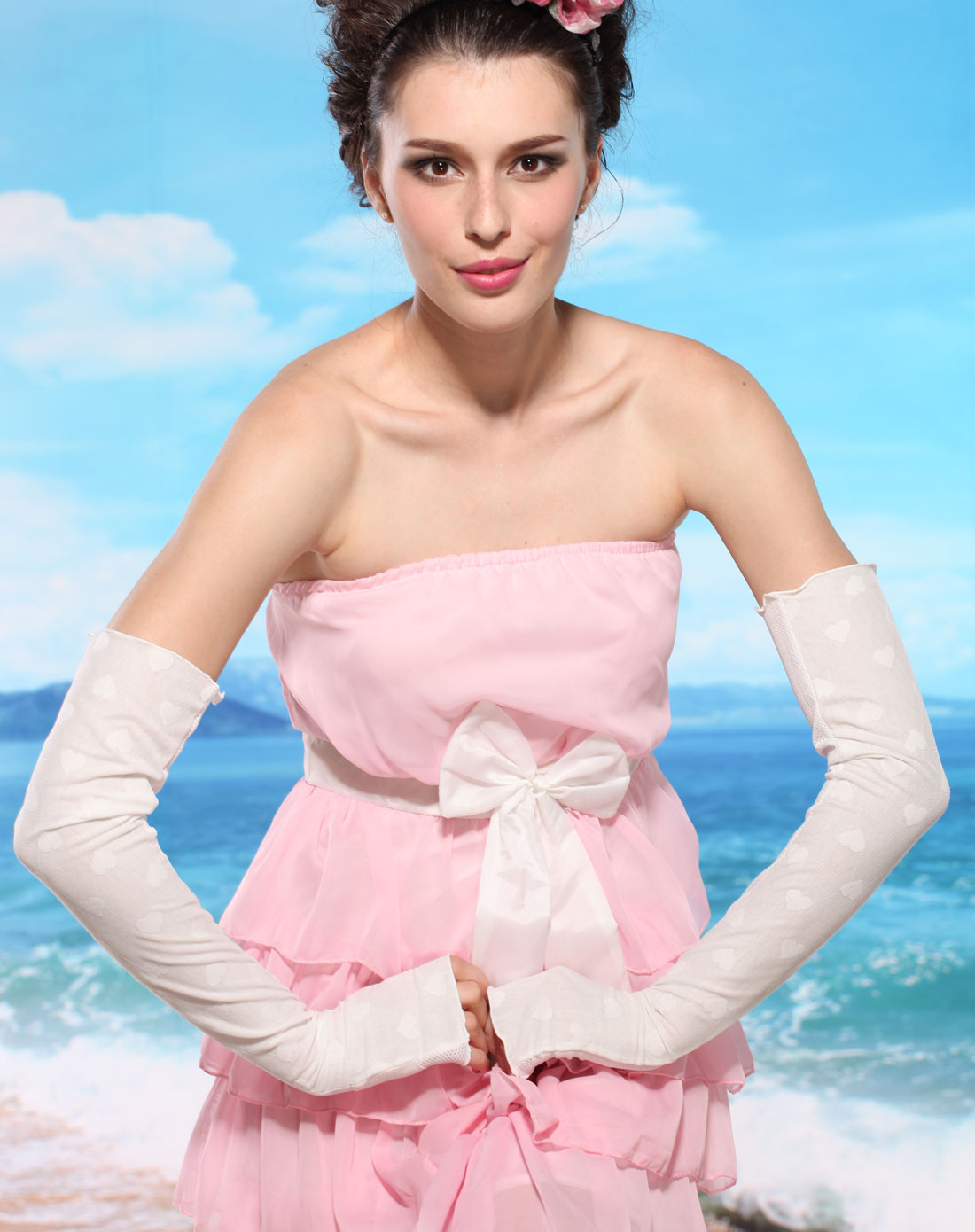 白色长款心相印防滑防晒手套