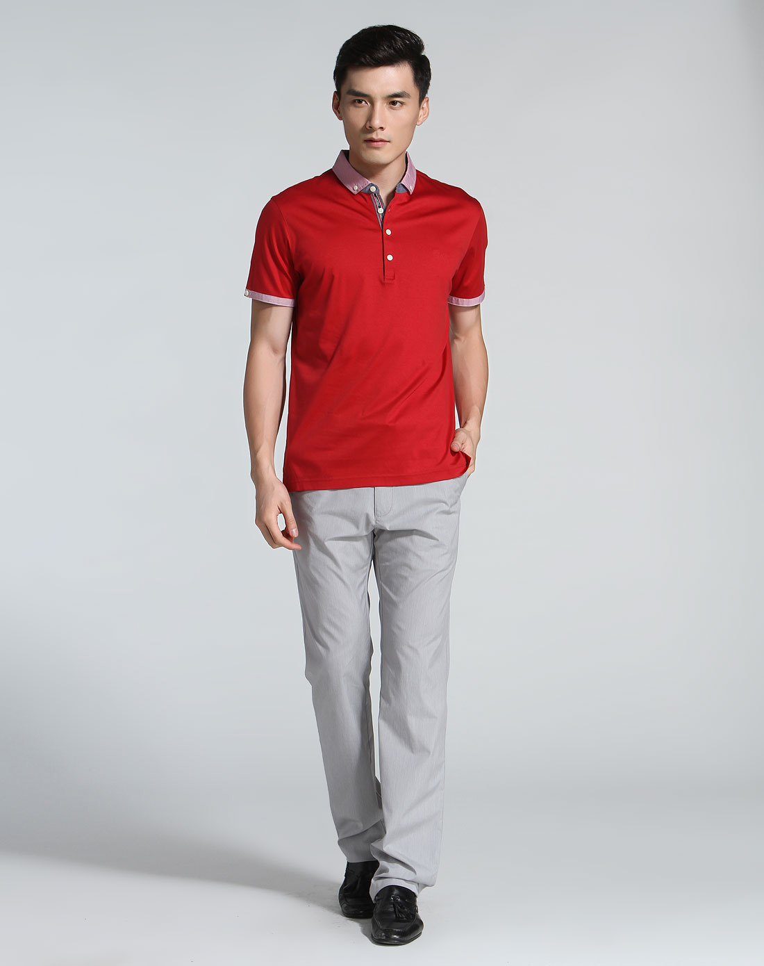 欧美风绣logo条纹领红色短袖t恤