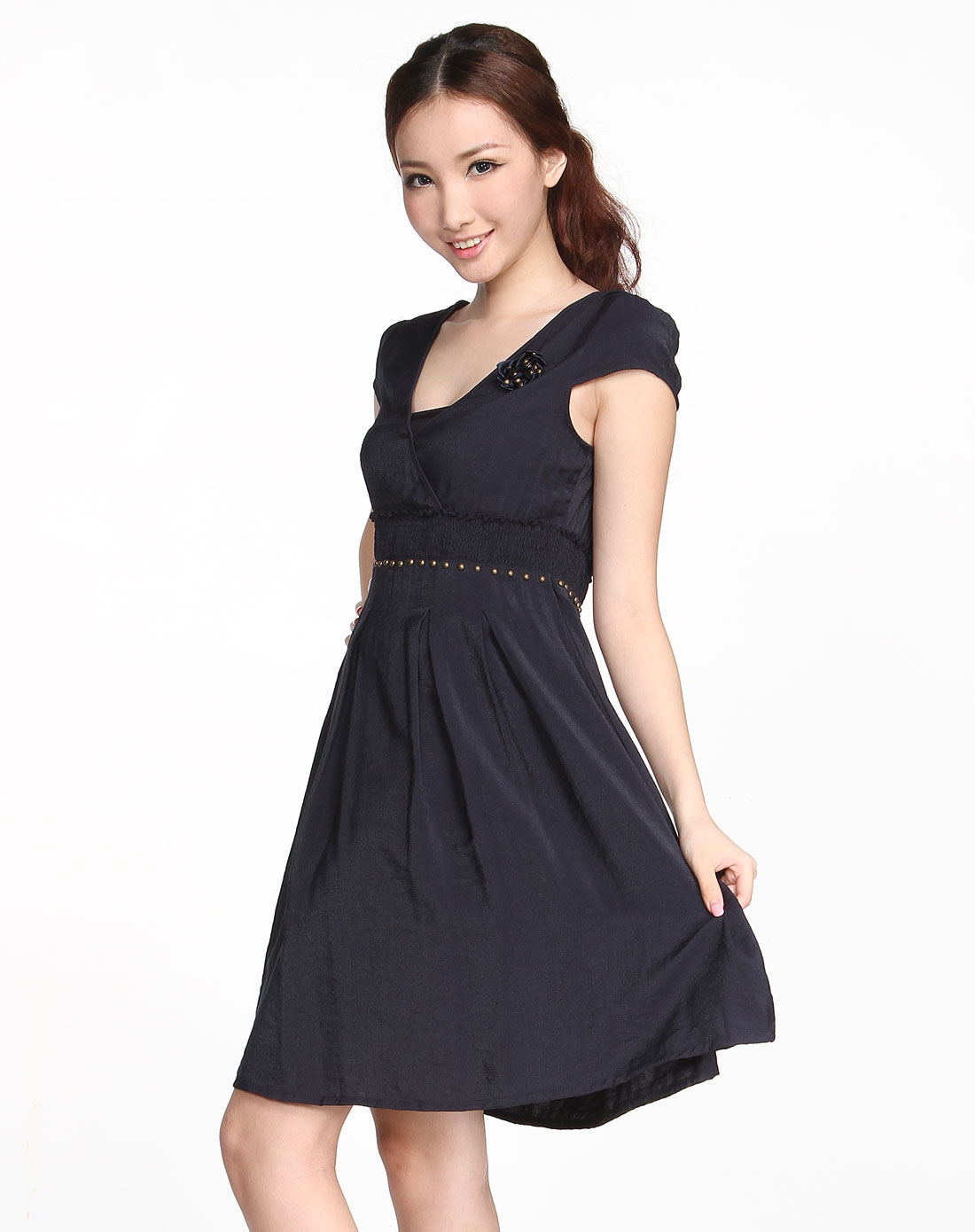 藏青色开襟时尚短袖连衣裙