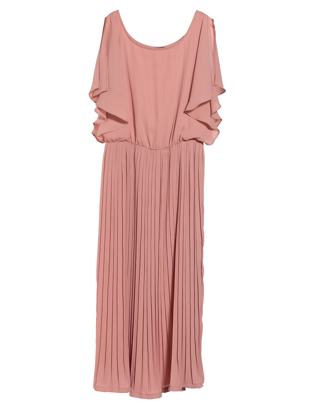 都市淑女驼粉色短袖百褶连衣裙