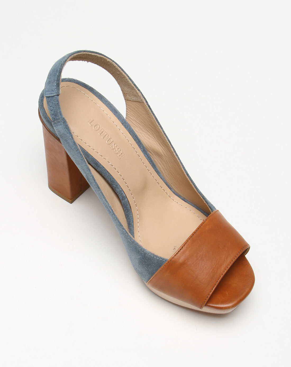 乐途仕 / lottusse 女款时尚优雅牛皮鱼嘴高跟凉鞋棕/蓝色