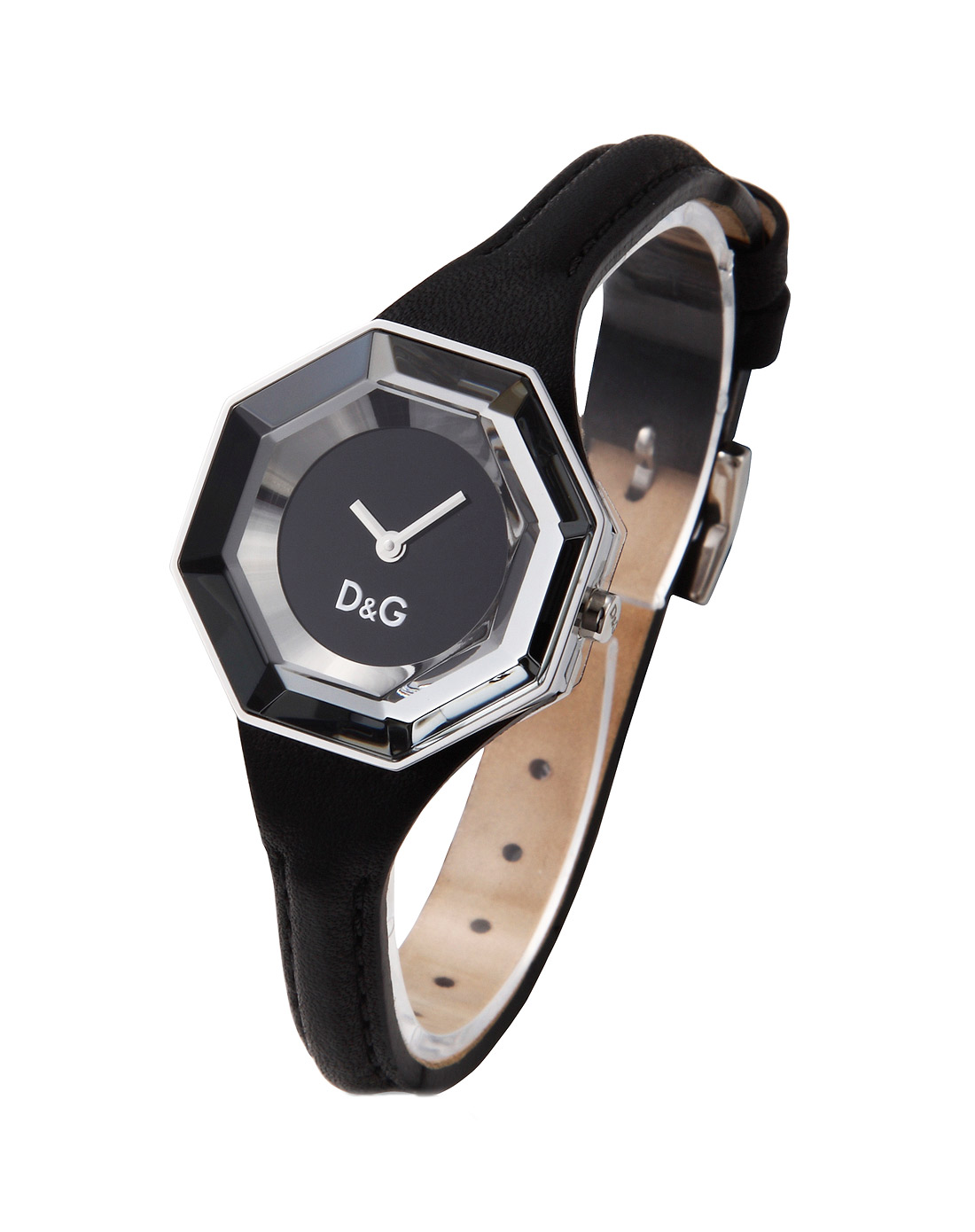 女表黑色八角形水晶真皮表带石英手表 表盘黑