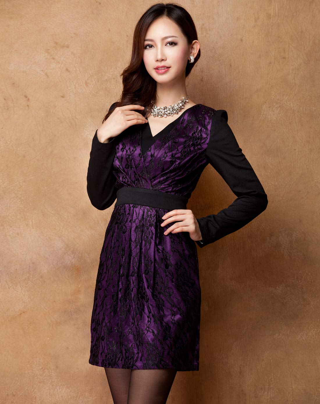 洛诗琳luxlead 紫色郁金香型气质收腰连衣裙