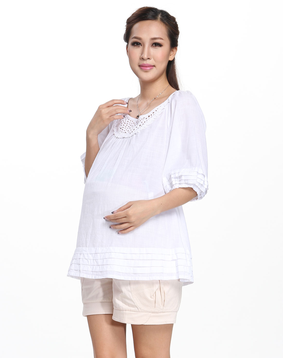 肯勒芳孕妇装 白色简约孕妇中袖衫