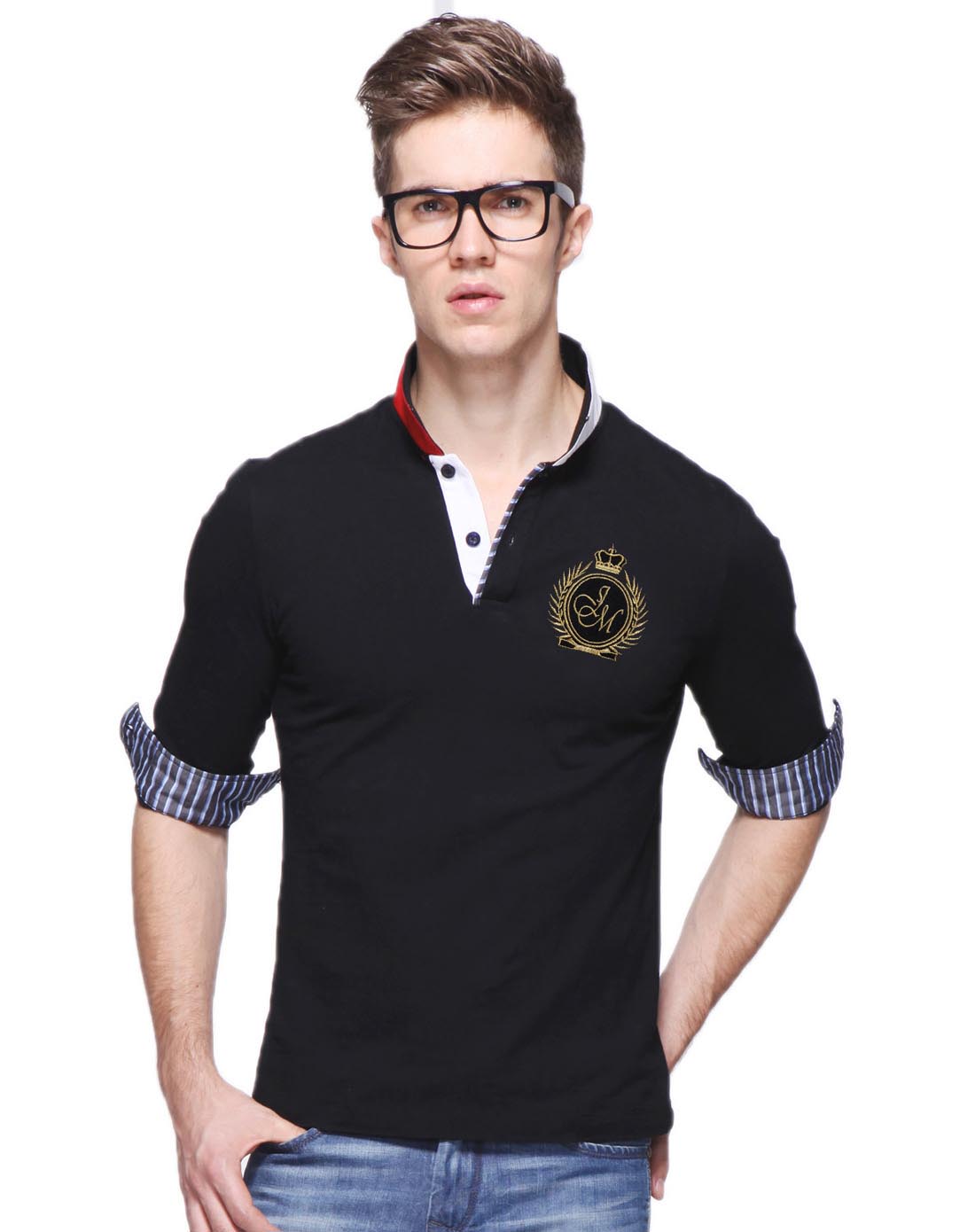 黑色帅气翻领长袖t恤