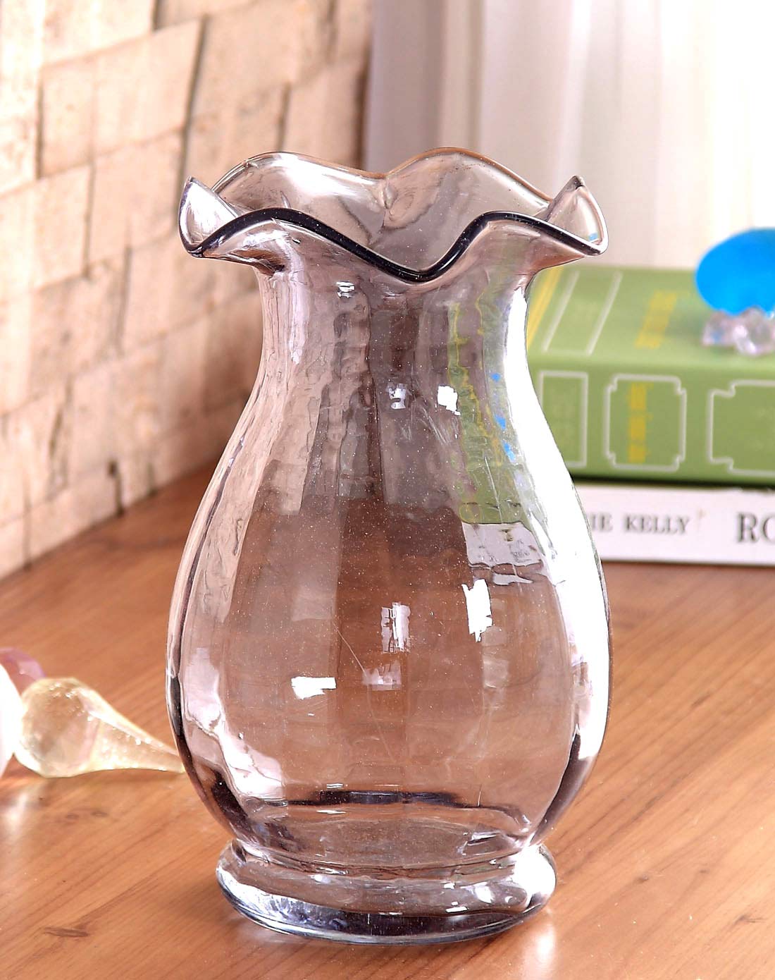 欧式复古水晶玻璃荷叶边花瓶-灰色