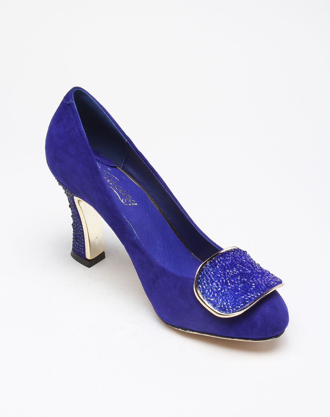 > 深蓝色亮片方形扣优雅高跟鞋