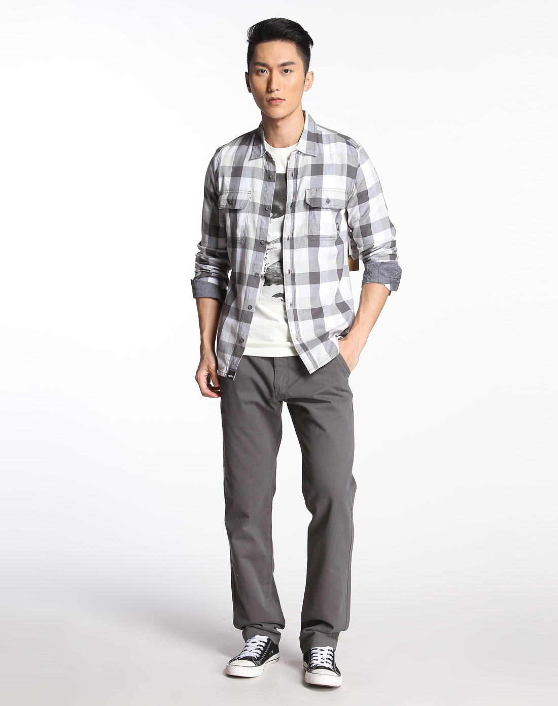 运动品牌范斯 女款灰色纯棉方格长袖衬衫vn-0ptqchr_唯品会