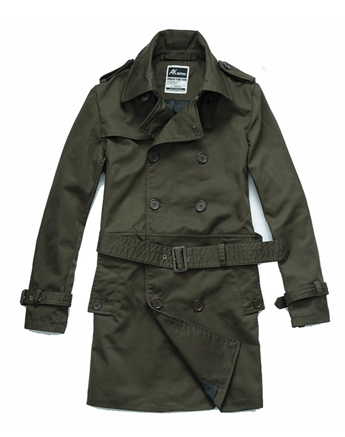 深军绿色双排扣军式复古长款风衣