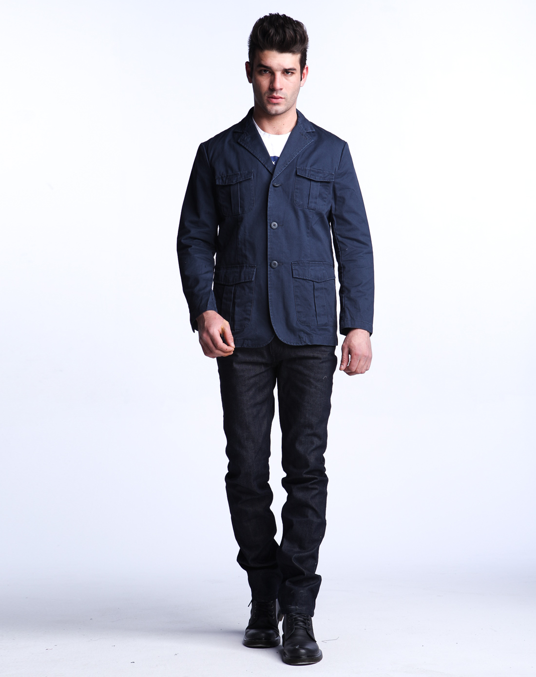 藏蓝色人字纹军式西装