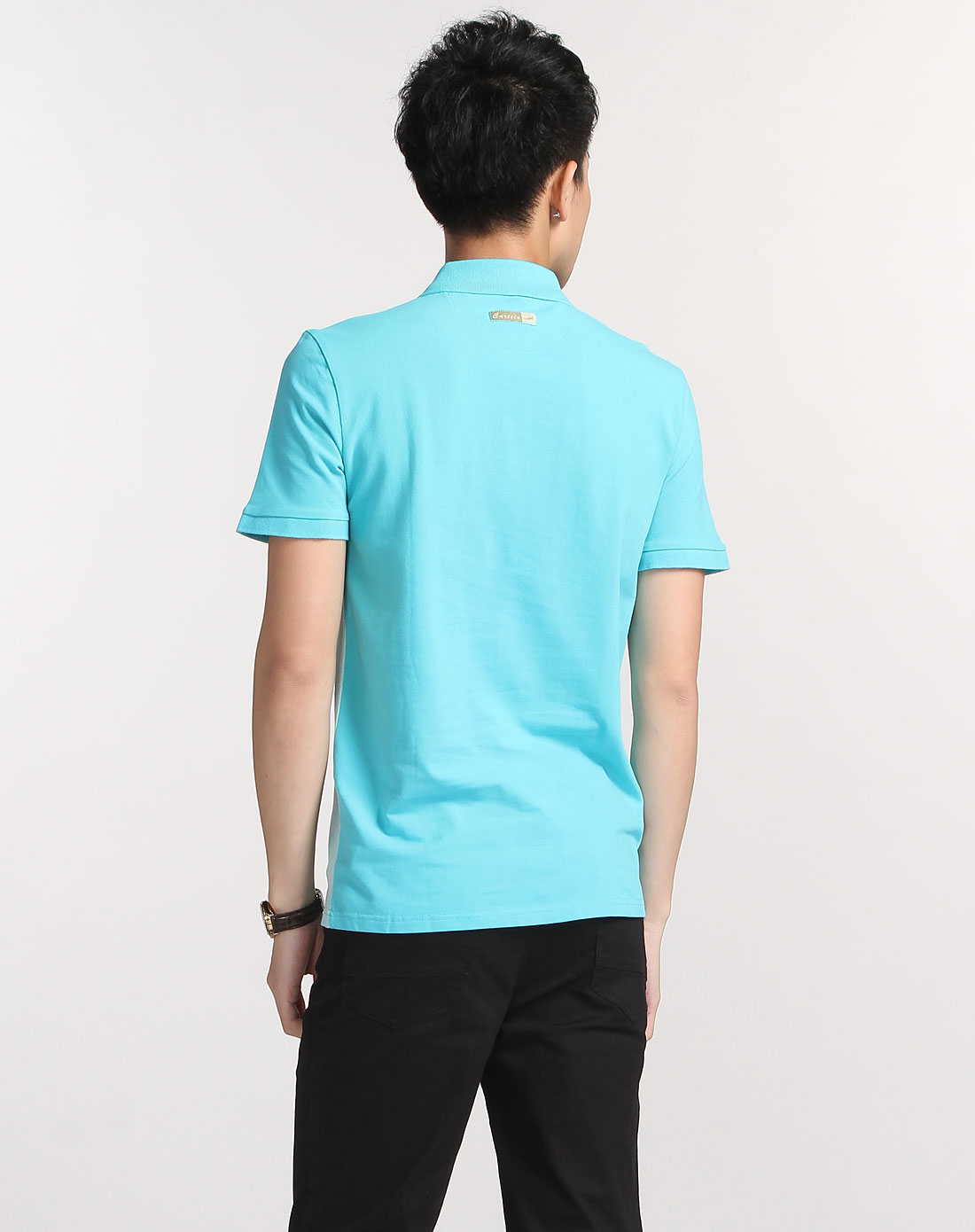 蓝绿色渐变翻领短袖t恤