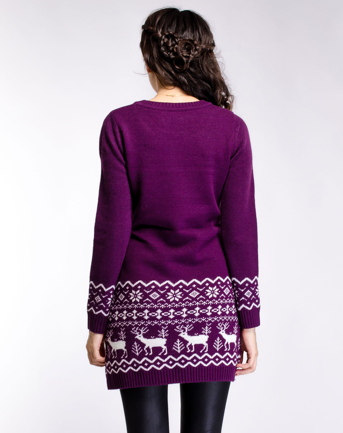 紫色小鹿提花下摆长款毛衣