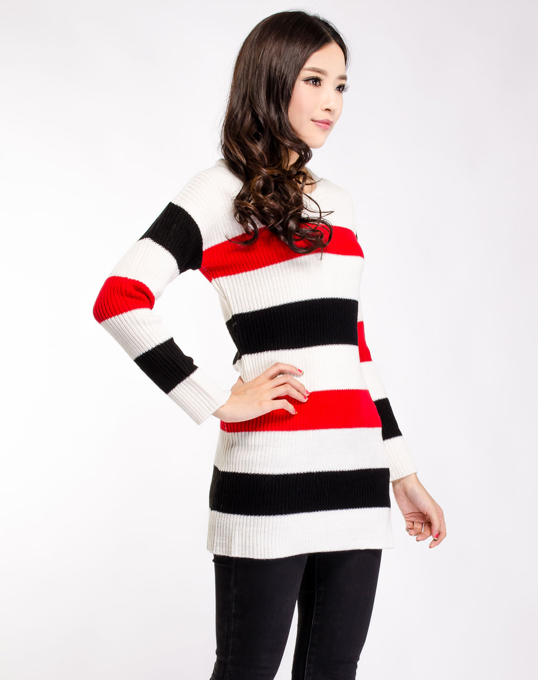 红白黑三色条纹套衫毛衣