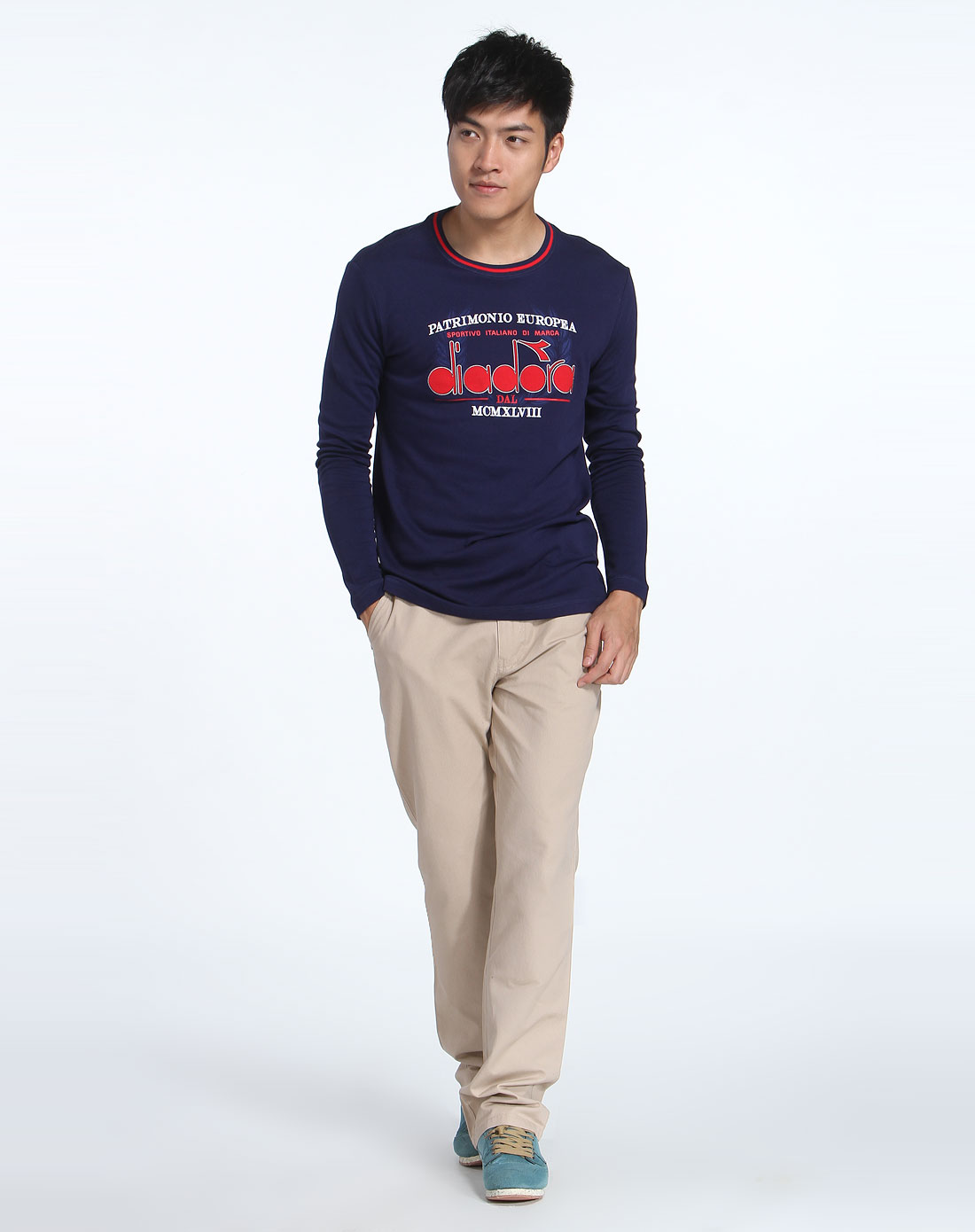 男款藏青色时尚运动图案长袖t恤