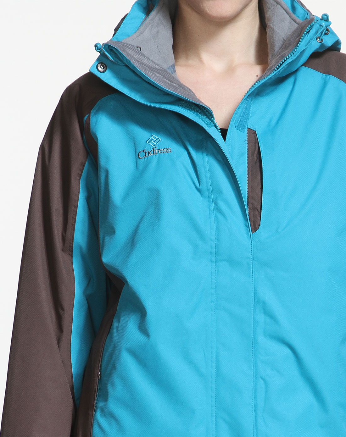 女款翠兰色两件套拉链连帽长袖冲锋衣