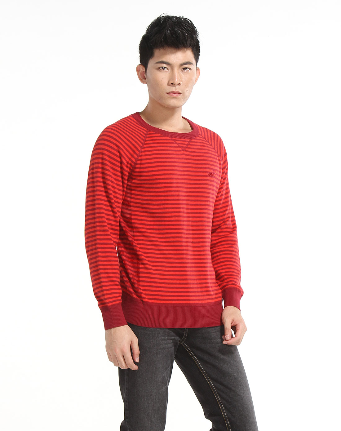 男款赭红色都市经典系列间条长袖编织衫