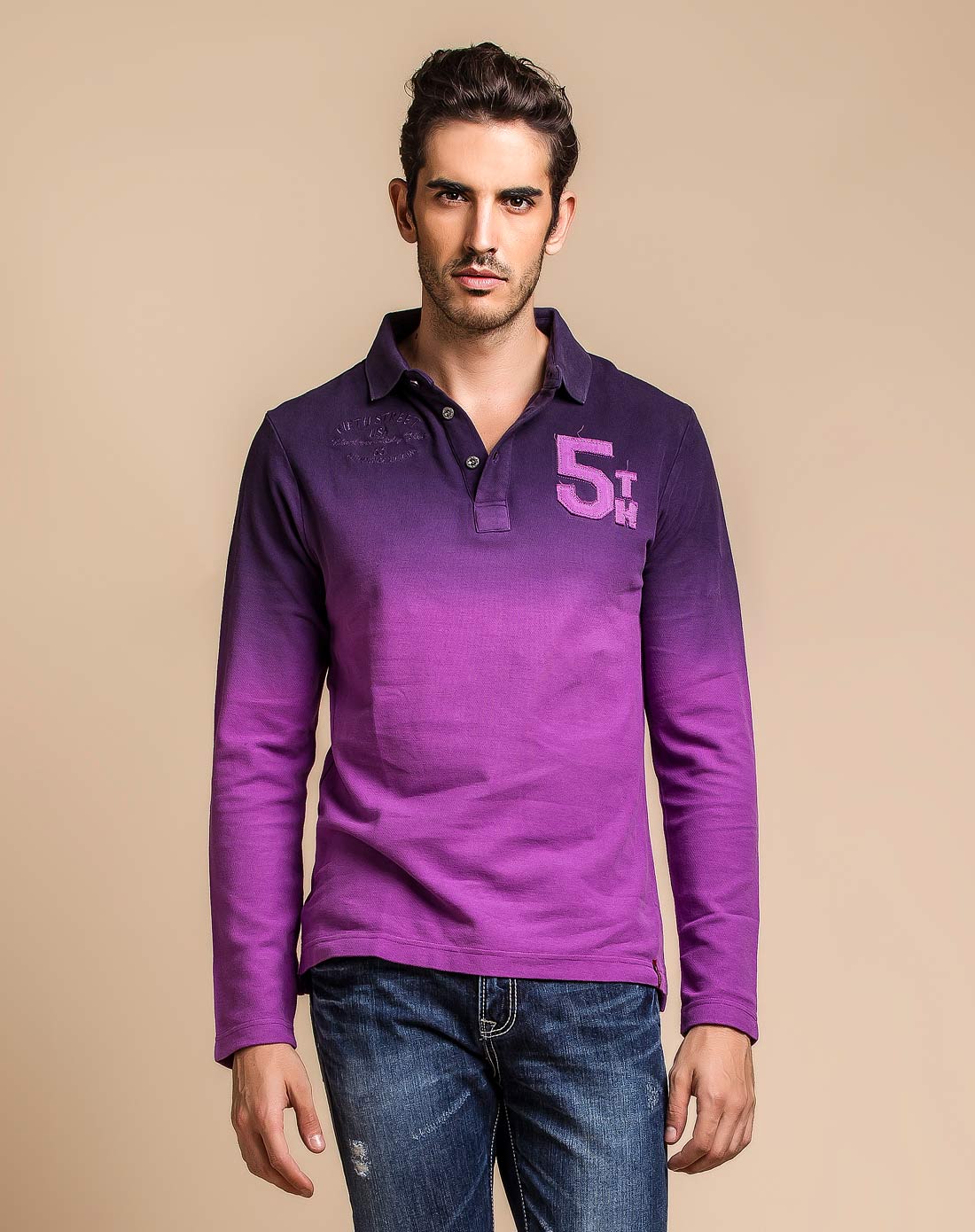 男款暗紫色翻领渐变长袖t恤